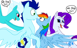 Size: 3962x2469 | Tagged: safe, artist:delphina34, derpibooru import, fleetfoot, rainbow dash, rarity, soarin', pegasus, pony, unicorn, eye contact, female, fleetfoot the shipper, looking at each other, male, shipper on deck, shipperity, shipping, simple background, soarindash, straight, transparent background