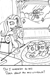 Size: 437x667 | Tagged: safe, artist:jberg18, fluttershy, rainbow dash, pegasus, pony, dialogue, female, flutterdash, lesbian, magical lesbian spawn, monochrome, newspaper, offspring, parent:fluttershy, parent:rainbow dash, parents:flutterdash, rug, shipping, television, the far side, this will end in tears, window