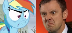 Size: 640x291 | Tagged: safe, derpibooru import, edit, edited screencap, screencap, rainbow dash, pegasus, pony, tanks for the memories, :c, blazer, clothes, comparison, do i look angry, doctor who, frown, harold saxon, john simm, shirt, the master