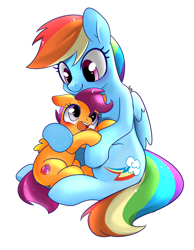 Size: 1400x1800 | Tagged: safe, artist:renokim, derpibooru import, rainbow dash, scootaloo, pegasus, pony, cute, cutealoo, hug, open mouth, scootalove, simple background, white background