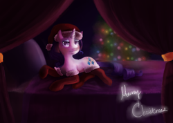 Size: 1600x1136 | Tagged: safe, rarity, pony, unicorn, bed, christmas, clothes, hat, santa hat, socks, tree