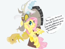Size: 900x686 | Tagged: safe, artist:fillyblue, artist:sugarbubblegum333, discord, fluttershy, pegasus, pony, discoshy, female, hilarious in hindsight, male, shipping, straight