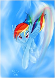 Size: 909x1280 | Tagged: safe, artist:pigixd, rainbow dash, pegasus, pony, blurry, flying, rainbow trail, shiny, sky, solo