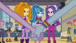 Size: 1623x909 | Tagged: safe, screencap, adagio dazzle, apple bloom, aria blaze, photo finish, pixel pizazz, rainbow dash, scootaloo, sonata dusk, twilight sparkle, twilight sparkle (alicorn), violet blurr, alicorn, equestria girls, rainbow rocks, boots, holding hands, looking at you, out of context, shoes, the dazzlings, the snapshots, unimpressed