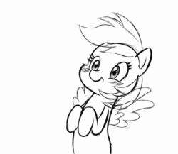 Size: 516x448 | Tagged: safe, artist:artattax, derpibooru import, rainbow dash, pegasus, pony, animated, black and white, blushing, cute, dashabetes, gif, grayscale, monochrome, simple background, solo, weapons-grade cute, white background