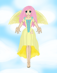 Size: 900x1150 | Tagged: dead source, safe, artist:danteskitten, fluttershy, human, barefoot, breasts, cleavage, clothes, cloud, dress, feet, female, flying, humanized, looking at you, skinny, sky, smiling, solo, spread wings, winged humanization, wings