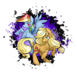 Size: 907x872 | Tagged: safe, artist:chiuuchiuu, derpibooru import, applejack, rainbow dash, earth pony, pegasus, pony, blonde mane, blue coat, blue wings, duo, female, mare, multicolored mane, orange coat, wings