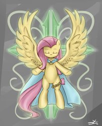 Size: 1461x1800 | Tagged: safe, artist:speccysy, fluttershy, pegasus, pony, bipedal, cloak, clothes, cross, eyes closed, solo, spread wings