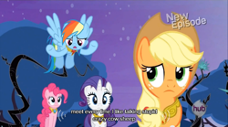 Size: 640x355 | Tagged: safe, derpibooru import, screencap, applejack, pinkie pie, rainbow dash, rarity, earth pony, pegasus, pony, unicorn, princess twilight sparkle (episode), elements of harmony, hub logo, meme, mlp-captions, youtube caption