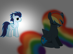 Size: 1024x768 | Tagged: safe, artist:rulette, rainbow dash, soarin', pegasus, pony, female, male, nightmare rainbow dash, nightmarified, shipping, soarindash, straight