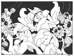 Size: 1575x1200 | Tagged: safe, artist:abronyaccount, derpibooru import, fluttershy, rainbow dash, twilight sparkle, twilight sparkle (alicorn), alicorn, pegasus, pony, do princesses dream of magic sheep, scare master, armpits, black and white, black background, eyes closed, female, flower, food, grayscale, lineart, mare, monochrome, neon genesis evangelion, nightmare sunflower, open mouth, quesadilla, ranma 1/2, ranma saotome, rei ayanami, simple background, sunflower, they're just so cheesy, unplanned guests