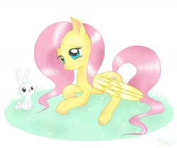 Size: 1398x1174 | Tagged: safe, artist:steffy-beff, angel bunny, fluttershy, pegasus, pony, female, mare, pink mane, yellow coat