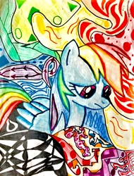 Size: 1024x1346 | Tagged: safe, artist:project-parallel, derpibooru import, rainbow dash, pegasus, pony, abstract background, sad, solo, traditional art