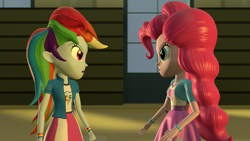 Size: 1920x1080 | Tagged: safe, artist:razethebeast, derpibooru import, pinkie pie, rainbow dash, equestria girls, 3d, angry, argument, balloon, bracelet, clothes, duo, jewelry, looking at each other, skirt, source filmmaker, wristband