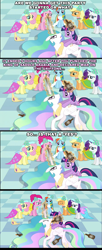 Size: 775x1901 | Tagged: safe, derpibooru import, edit, edited screencap, screencap, applejack, fluttershy, pinkie pie, princess celestia, rainbow dash, rarity, twilight sparkle, alicorn, earth pony, pegasus, pony, unicorn, a canterlot wedding, drunk, drunklestia, mane six, screencap comic