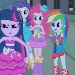 Size: 322x322 | Tagged: safe, artist:thegaypanic, derpibooru import, screencap, pinkie pie, rainbow dash, rarity, twilight sparkle, equestria girls, equestria girls (movie), arm warmers, balloon, boots, bracelet, canterlot high, cropped, doors, fall formal outfits, hat, high heel boots, jewelry, open mouth, top hat, twilight ball dress, wings