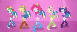 Size: 1280x539 | Tagged: safe, derpibooru import, screencap, applejack, fluttershy, pinkie pie, rainbow dash, rarity, equestria girls, equestria girls (movie), balloon, boots, clothes, compression shorts, cowboy boots, cowboy hat, denim skirt, hat, helping twilight win the crown, humane five, legs, lidded eyes, looking at you, mane five, pink background, pony ears, skirt, socks, stetson, wondercolts uniform