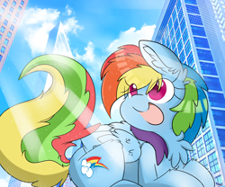 Size: 6000x5000 | Tagged: safe, artist:meowmavi, derpibooru import, rainbow dash, pegasus, pony, absurd resolution, chest fluff, city, crepuscular rays, ear fluff, open mouth, skyscraper, smiling, solo