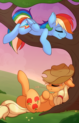 Size: 1242x1920 | Tagged: safe, artist:ratofdrawn, derpibooru import, applejack, rainbow dash, earth pony, pegasus, pony, crossed hooves, crossed legs, cute, eyes closed, female, floppy ears, freckles, mare, sleeping, straw in mouth, tree, tree branch