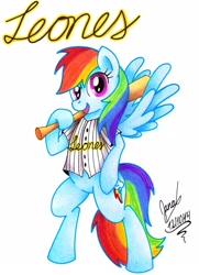 Size: 1641x2262 | Tagged: safe, artist:janadashie, derpibooru import, rainbow dash, pegasus, pony, baseball, baseball bat, bipedal, clothes, jersey, leones del caracas, solo, traditional art, venezuela