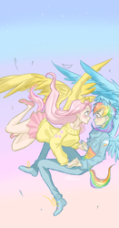 Size: 909x1737 | Tagged: safe, artist:kinnme, fluttershy, rainbow dash, human, eared humanization, female, flutterdash, humanized, lesbian, shipping, tailed humanization, winged humanization