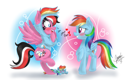 Size: 1280x800 | Tagged: safe, artist:janadashie, derpibooru import, rainbow dash, oc, oc:artstar, pegasus, pony, blushing, looking at each other, plushie, pony costume, rainbow dash suit