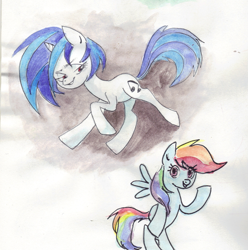 Size: 1037x1047 | Tagged: safe, artist:moon petals, dj pon-3, rainbow dash, vinyl scratch, pegasus, pony, unicorn, colored sketch, sketch