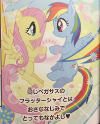 Size: 597x734 | Tagged: safe, artist:akira himekawa, fluttershy, rainbow dash, pegasus, pony, cute, dashabetes, duo, eye contact, female, flying, heart, hoofbump, japanese, looking at each other, manga, mare, pucchigumi, shyabetes, smiling, text, translated in the comments