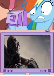 Size: 656x916 | Tagged: safe, rainbow dash, pegasus, pony, avengers: age of ultron, exploitable meme, meme, obligatory pony, scared, tv meme, ultron