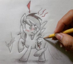 Size: 750x656 | Tagged: safe, artist:janadashie, derpibooru import, rainbow dash, pegasus, pony, blushing, drawn into existence, exclamation point, monochrome, pencil, pencil drawing, solo, sweat, sweatdrop, traditional art