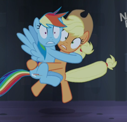 Size: 1280x1231 | Tagged: safe, derpibooru import, screencap, applejack, rainbow dash, earth pony, pegasus, pony, castle mane-ia, hug, scared