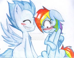 Size: 1007x793 | Tagged: safe, artist:nijineko99, rainbow dash, soarin', pegasus, pony, blushing, female, male, nervous, shipping, shy, soarindash, straight, traditional art