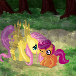 Size: 2400x2400 | Tagged: safe, artist:fauxsquared, fluttershy, scootaloo, pegasus, pony, female, high res, mare