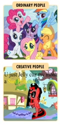 Size: 344x712 | Tagged: safe, derpibooru import, applejack, fluttershy, pinkie pie, rainbow dash, rarity, twilight sparkle, oc, earth pony, pegasus, pony, unicorn, mane six, meme, ordinary people vs creative people, red and black oc