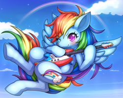 Size: 1000x800 | Tagged: safe, artist:tsuji, rainbow dash, pegasus, pony, blushing, cute, dashabetes, electric guitar, flying, guitar, pixiv, rainbow, solo, wink