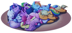 Size: 2826x1303 | Tagged: safe, artist:arcticwaters, derpibooru import, applejack, fluttershy, pinkie pie, rainbow dash, rarity, twilight sparkle, earth pony, pegasus, pony, unicorn, book, cloven hooves, cuddle puddle, cuddling, mane six, pile, pony pile, sleeping, snuggling