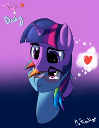 Size: 1321x1692 | Tagged: safe, artist:a8f12, derpibooru import, rainbow dash, twilight sparkle, pegasus, pony, adorable face, affection, cute, female, heart, lesbian, magenta eyes, on top, purple eyes, purple mane, shipping, twidash