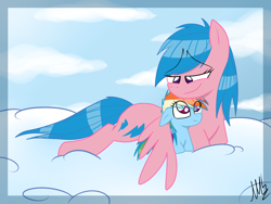 Size: 2592x1944 | Tagged: safe, artist:mishti14, firefly, rainbow dash, pegasus, pony, cloud, cloudy, female, mother and child, mother and daughter, parent and child, winghug