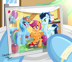 Size: 3500x3000 | Tagged: safe, artist:danmakuman, rainbow dash, scootaloo, soarin', pegasus, pony, adopted offspring, fanfic art, fanfic cover, female, male, parent:rainbow dash, parent:soarin', parents:soarindash, photo, scootadoption, scootalove, shipping, soarindash, straight