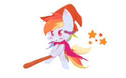 Size: 702x437 | Tagged: safe, artist:joycall6, rainbow dash, pegasus, pony, blushing, broom, cape, clothes, costume, flying, flying broomstick, happy, hat, simple background, smiling, solo, stars, white background, witch hat