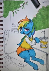 Size: 2270x3257 | Tagged: safe, artist:modak, derpibooru import, rainbow dash, pegasus, pony, clothes, cute, dashabetes, drink, korean, miniskirt, moe, panties, seat, sitting, skirt, skirt lift, solo, table, traditional art, translated in the comments, underwear