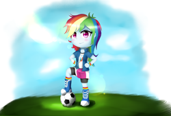 Size: 4000x2700 | Tagged: safe, artist:nihithebrony, derpibooru import, rainbow dash, equestria girls, absurd resolution, ball, boots, chibi, clothes, compression shorts, cute, dashabetes, female, football, grass field, hand on hip, looking at you, raised leg, skirt, socks, solo, wristband