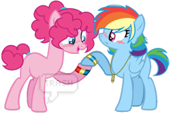 Size: 800x533 | Tagged: safe, artist:nahoge-trash, derpibooru import, pinkie pie, rainbow dash, earth pony, pegasus, pony, alternate hairstyle, base used, blushing, female, lesbian, pinkiedash, shipping, simple background, transparent background, watermark