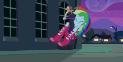 Size: 576x293 | Tagged: safe, artist:m48patton, derpibooru import, edit, screencap, rainbow dash, equestria girls, equestria girls (movie), big crown thingy, boots, canterlot high, crown, cute, eyes closed, fall formal outfits, gif, high heel boots, jewelry, jumping, mountain, non-animated gif, regalia, solo, streetlight, tree