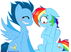 Size: 1024x749 | Tagged: safe, artist:nijineko99, rainbow dash, soarin', pegasus, pony, blushing, female, male, shipping, soarindash, straight