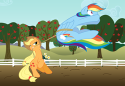 Size: 3672x2532 | Tagged: safe, artist:moonbrony, artist:sokolas, derpibooru import, applejack, rainbow dash, earth pony, pegasus, pony, apple, colored, fence, flower, lasso, mouth hold, rope, tree