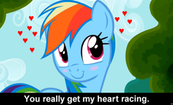 Size: 1600x973 | Tagged: safe, rainbow dash, pegasus, pony, blushing, bronybait, caption, cs captions, female, heart, looking at you, love, mare, smiling, solo