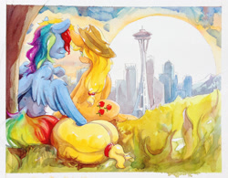 Size: 2620x2048 | Tagged: safe, artist:ruby, derpibooru import, applejack, rainbow dash, earth pony, pegasus, pony, appledash, female, hug, lesbian, portal, seattle, shipping, sitting, space needle, traditional art, tree, watercolor painting, winghug