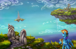 Size: 1200x776 | Tagged: safe, artist:viwrastupr, rainbow dash, pegasus, pony, book, cloud, floating island, scenery, sitting, sky, solo