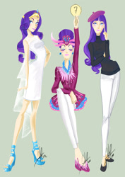 Size: 900x1273 | Tagged: safe, artist:ladyamaltea, artist:purpuraimperial, rarity, beatnik rarity, becoming popular, beret, clothes, dress, hat, humanized, skinny